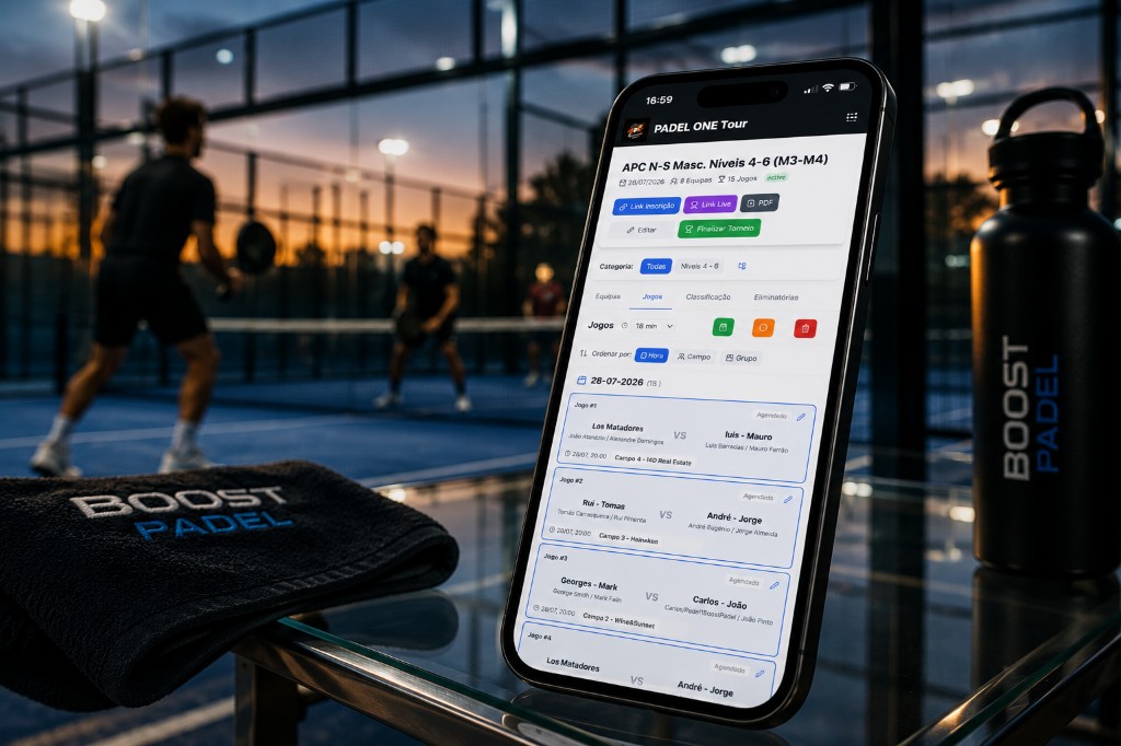 PADEL ONE Tour — gestão de torneios no telemóvel